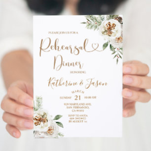 Winter White Floral Chritmas Rehearsal Dinner Invitation