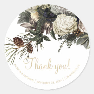 Winter white floral elegant thank you wedding classic round sticker