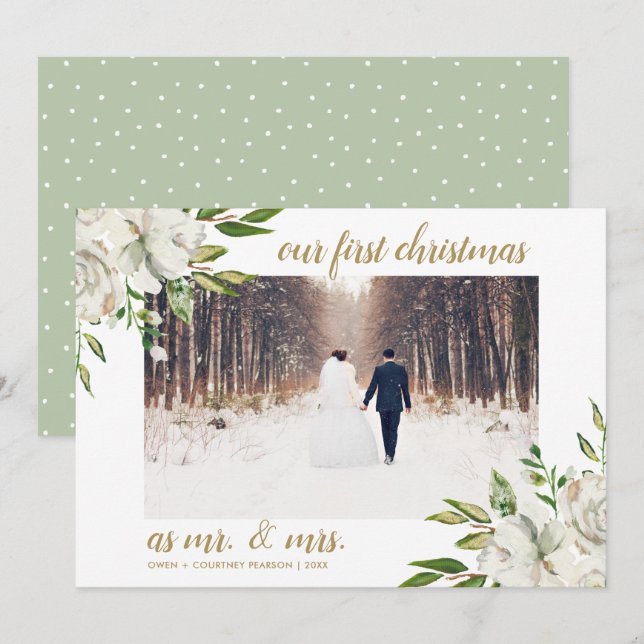Winter White Floral First Christmas Wedding Photo Holiday Card (Front/Back)