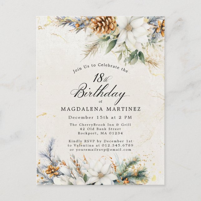 Winter White Floral Greenery 18th Birthday Invitation Postcard (Front)