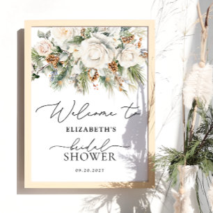 Winter White Floral Greenery Bridal Shower Welcome Poster