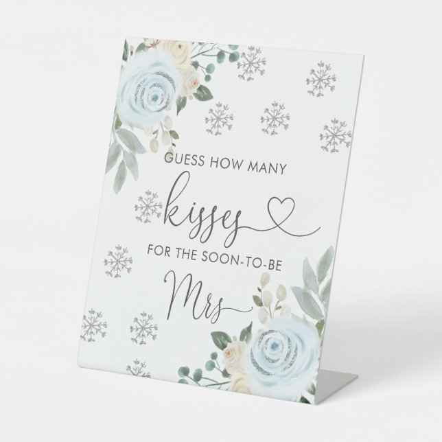Winter White Floral Guess How Many Kisses Bridal Pedestal Sign (Front)
