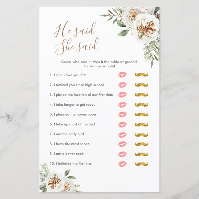 Winter White Floral he said she said Games Card (Front)