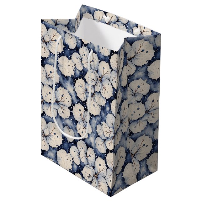 Winter White Floral Leaves Medium Gift Bag (Front Angled)