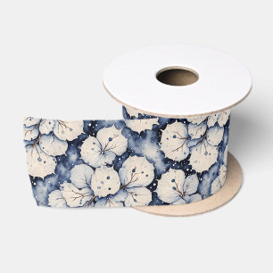 Winter White Floral Leaves Satin Ribbon