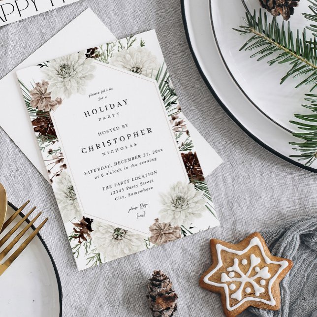 Winter White Floral & Pine Christmas or Holiday Invitation (Creator Uploaded)