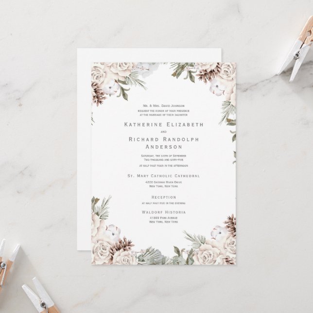 Winter White Floral Pine Cone Wedding Invitation (Front/Back In Situ)