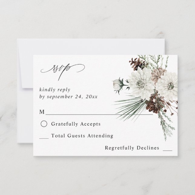 Winter White Floral & Pine no Meal RSVP 3 Card (Front)