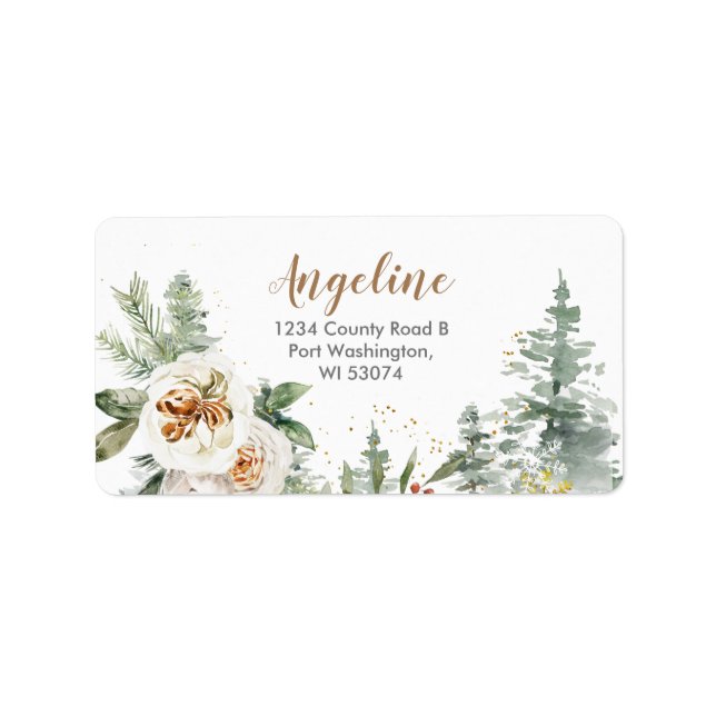 Winter White Floral Pine Trees Address Label (Front)