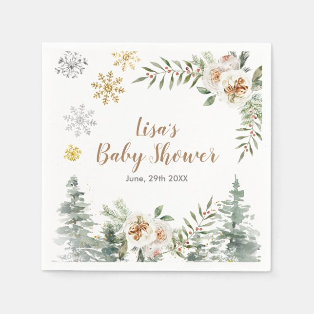 Winter White Floral Pine Trees Baby shower Napkin (Front)