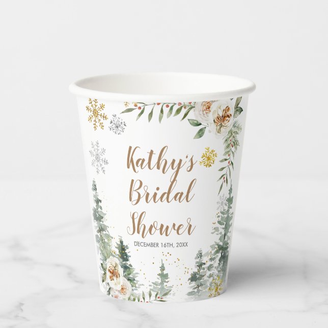 Winter White Floral Pine Trees Baby Shower Paper Cups (Front)