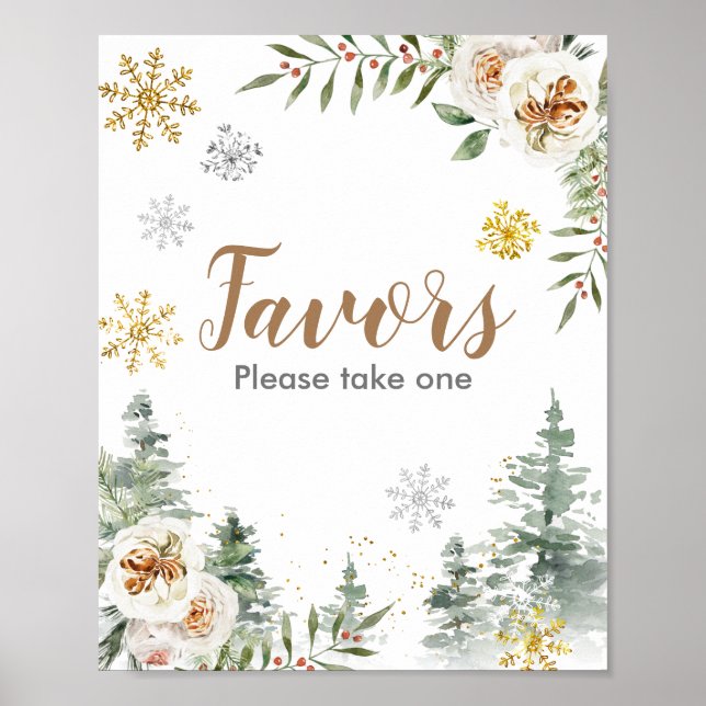 Winter White Floral Pine Trees Favour Sign (Front)