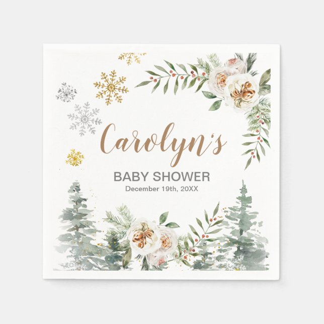 Winter White Floral Pine Trees Paper Napkins (Front)