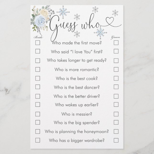 Winter White Floral Snowflake Guess Who Game (Front)
