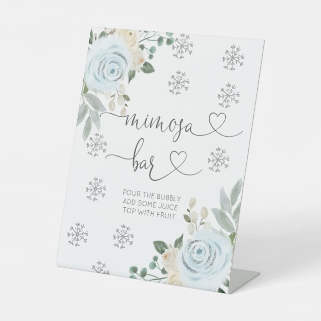 Winter White Floral Snowflake Mimosa Bar Pedestal Sign (Front)