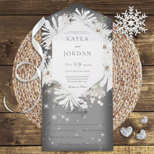 Winter White Floral Sparkle Grey No Dinner All In One Invitation