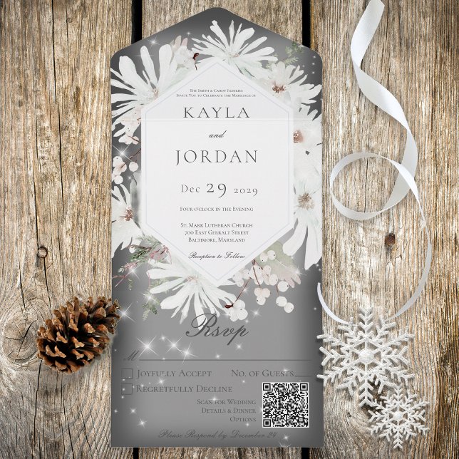 Winter White Floral Sparkle Grey QR Code All In One Invitation (Creator Uploaded)