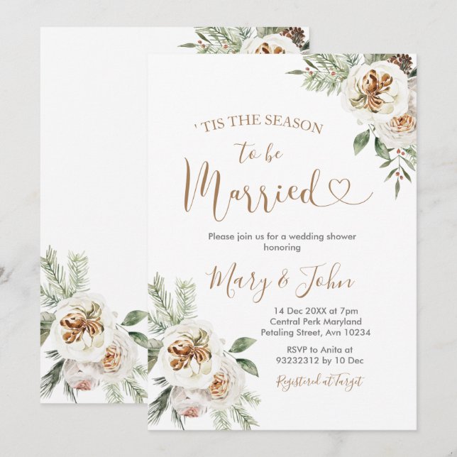Winter White Floral Wedding Christmas Invitation (Front/Back)