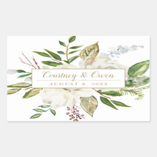 Winter White Floral Wedding Monogram Rectangular Sticker