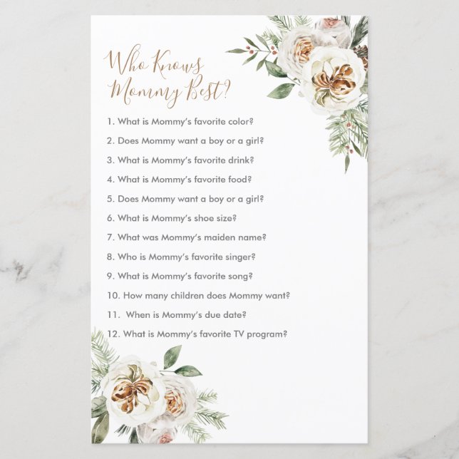 Winter White Floral Who Knows Mummy Best Game (Front)