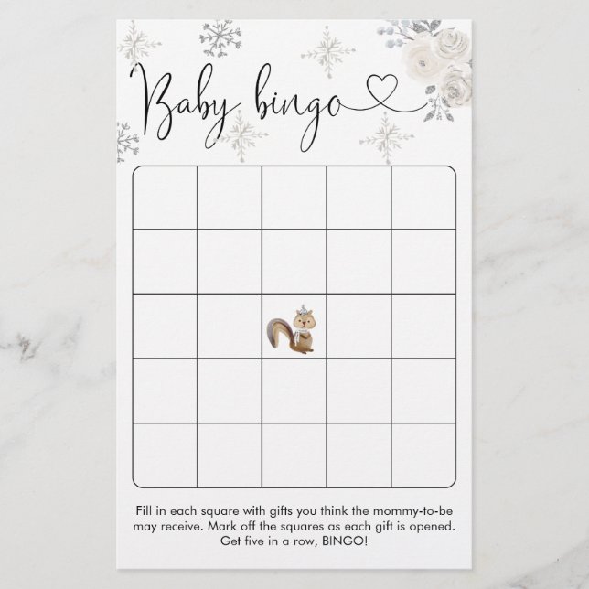 Winter White Floral Woodland Bingo Game (Front)