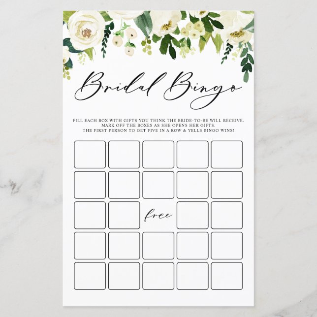 Winter White Flowers Bridal Shower Bingo Card (Front)