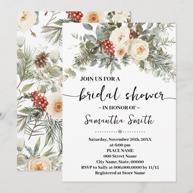 Winter White Flowers Bridal Shower Invitation (Front/Back)