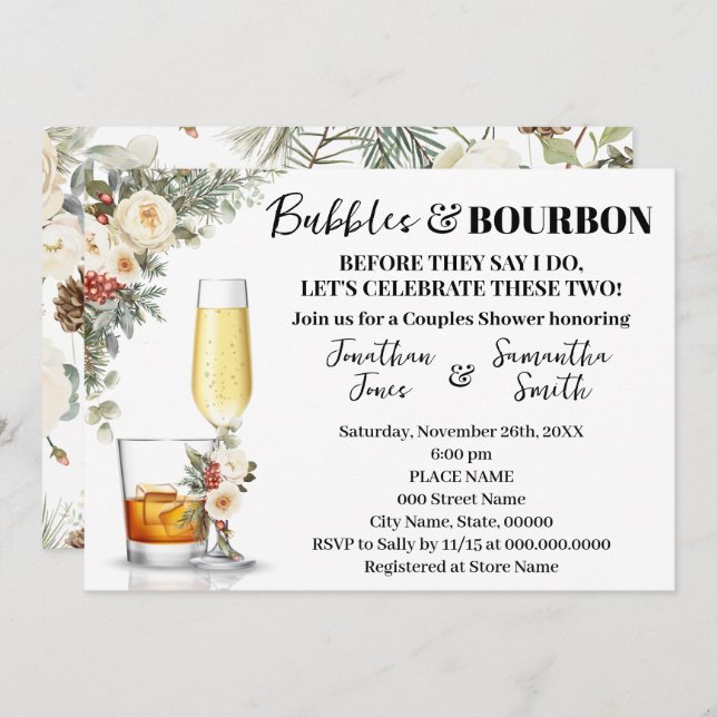 Winter White Flowers Bubbles & Bourbon Shower Invitation (Front/Back)