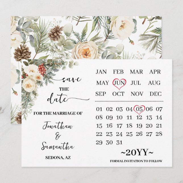 Winter White Flowers Calendar Save The Date (Front/Back)