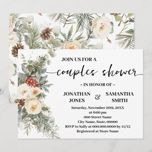 Winter White Flowers Couples Shower Invitation (Front/Back)