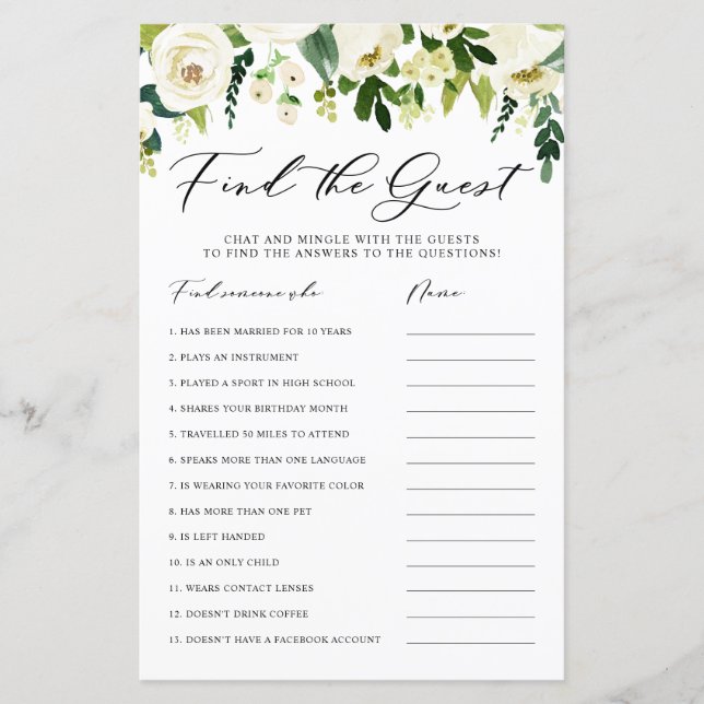 Winter White Flowers Find the Guest Shower Card (Front)