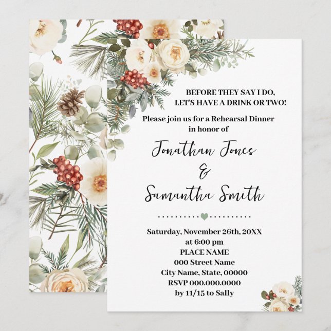 Winter White Flowers Rehearsal Dinner Invitation (Front/Back)