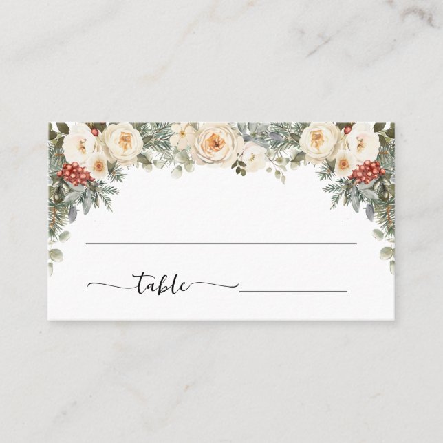 Winter White Flowers Wedding Flat Place Card (Front)