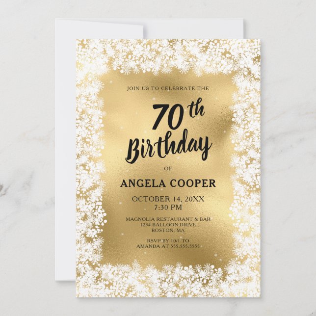 Winter White Gold 70th Birthday Party Invitation (Front)