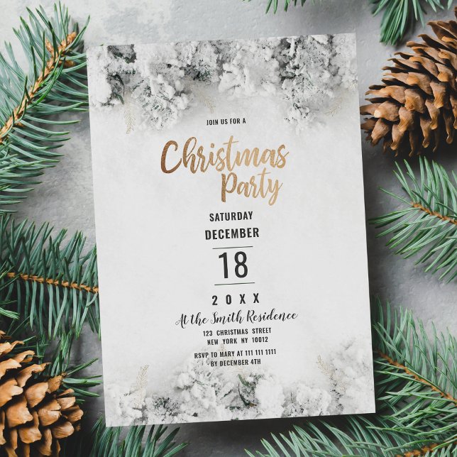 Winter white gold grey snow leaves Christmas Party Invitation (Winter white gold gray snow leaves Christmas Party)