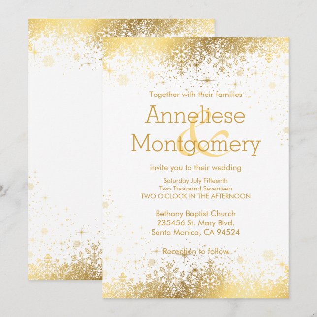 Winter White & Gold Snowflakes Wedding Invitation (Front/Back)