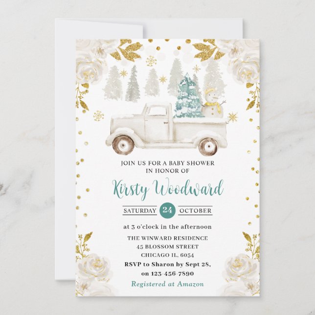 Winter White & Gold Truck Floral Baby Shower Invitation (Front)