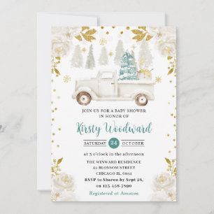 Winter White & Gold Truck Floral Baby Shower Invitation