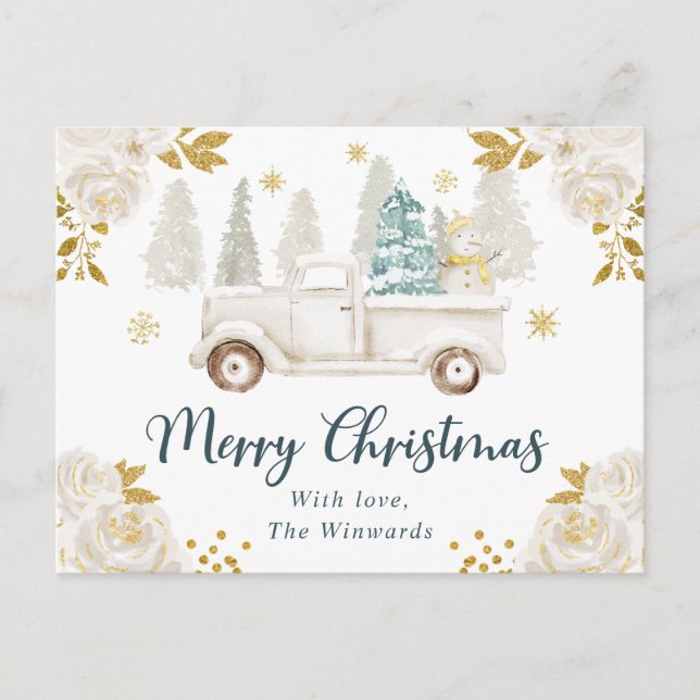 Winter White & Gold Truck Floral Christmas Holiday Postcard (Front)