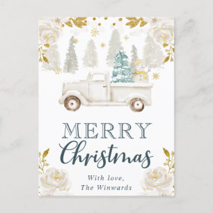 Winter White & Gold Truck Floral Christmas Holiday Postcard