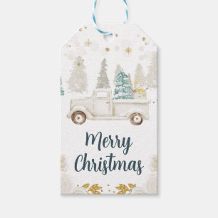 Winter White & Gold Truck Floral Merry Christmas Gift Tags