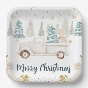 Winter White & Gold Truck Floral Merry Christmas Paper Plate