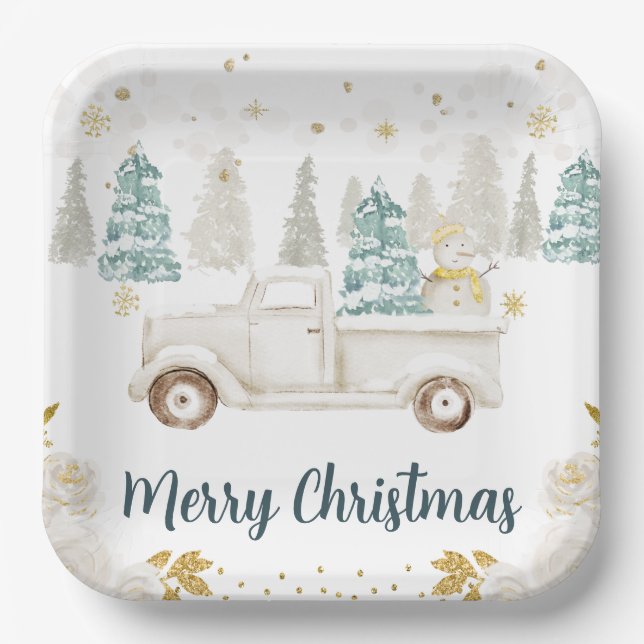 Winter White & Gold Truck Floral Merry Christmas Paper Plate (Front)