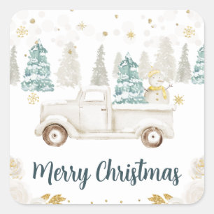 Winter White & Gold Truck Floral Merry Christmas Square Sticker