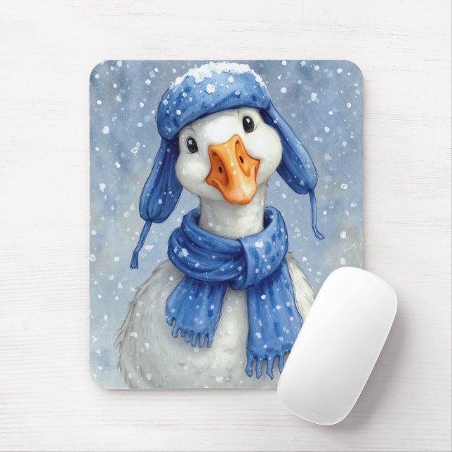 Winter White Goose With Blue Scarf Mouse Mat (With Mouse)