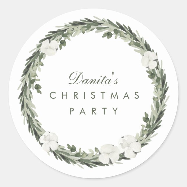 Winter White Green Christmas Wreath Personalised Classic Round Sticker (Front)