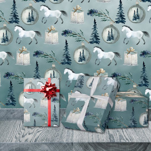 Winter White Horses Blue Spruce Trees & Berries Wrapping Paper