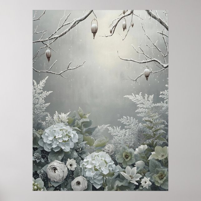 Winter White Hydrangea Floral Art Centerpiece Poster (Front)