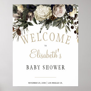 Winter white peonies chic baby shower welcome sign