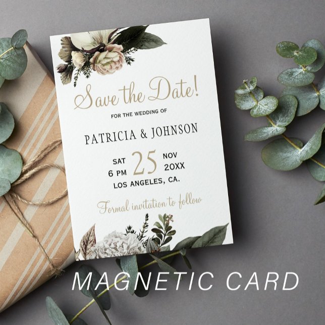 Winter white peonies elegant wedding save the date magnetic invitation (Creator Uploaded)